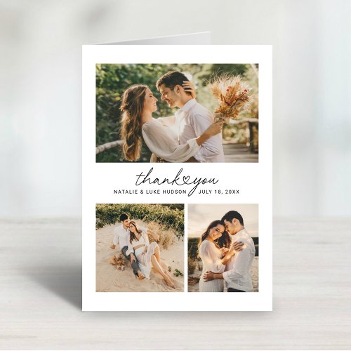 Modern Heart Script Wedding Photo Collage Thank You Card