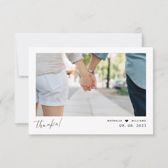 Modern Heart Script Wedding Photo  Thank You Card (Front)