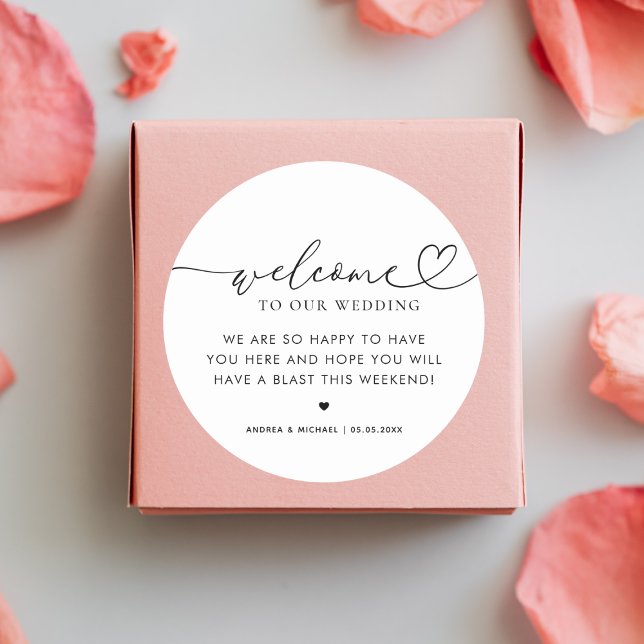 Modern Heart Script Wedding Welcome Hotel Gift Bag Classic Round Sticker (Creator Uploaded)