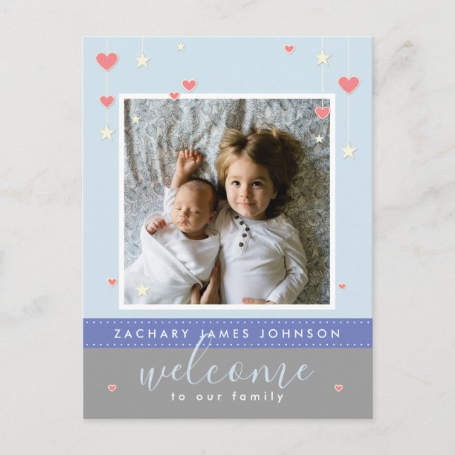 Modern Heart Star Photo Birth Announcement Postcard (Front)