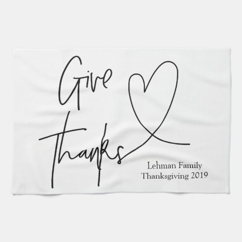 Modern Heart Thanksgiving Tea Towel Black  White