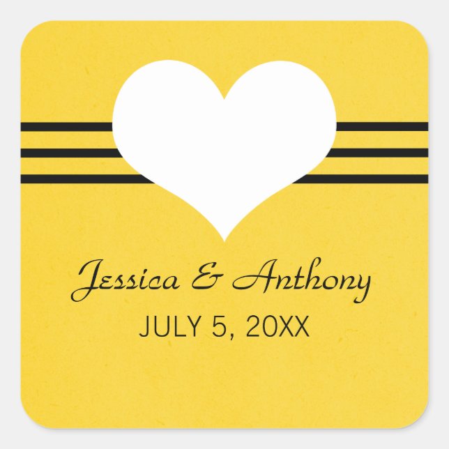 Modern Heart Wedding Stickers, Yellow Square Sticker (Front)