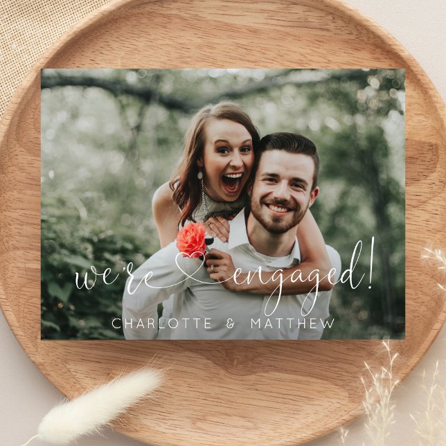 Modern Heart We're Engaged Engagement w/ PHOTO Announcement Postcard (Creator Uploaded)