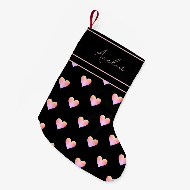 Modern Hearts Black Pink Personalized Small Christmas Stocking (Front (Hanging))