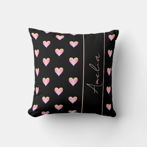 Modern Hearts Black Pink Personalized Throw Pillow