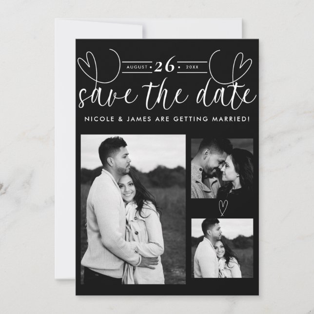 Modern Hearts Black & White Chic Save the Date (Front)