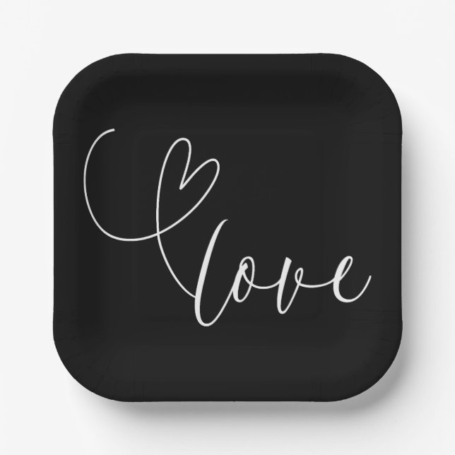 Modern Hearts Black & White Love Minimal Wedding  Paper Plates (Front)