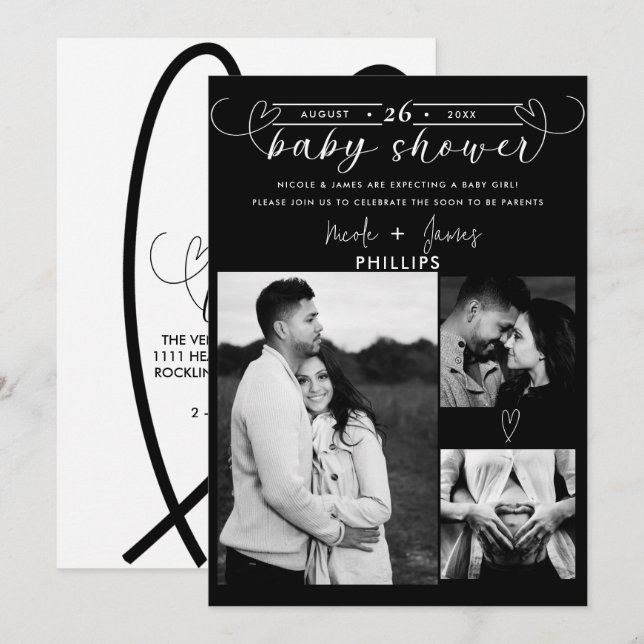 Modern Hearts Black & White Minimal Baby Shower (Front/Back)