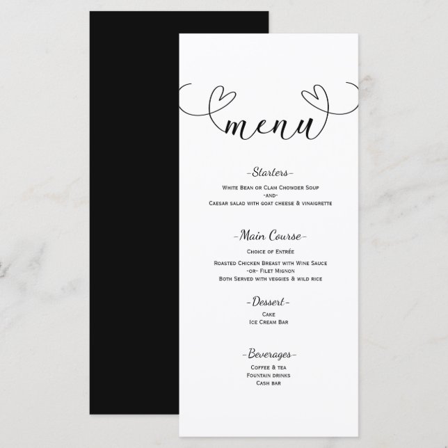 Modern Hearts Black & White Minimal Wedding Menu (Front/Back)