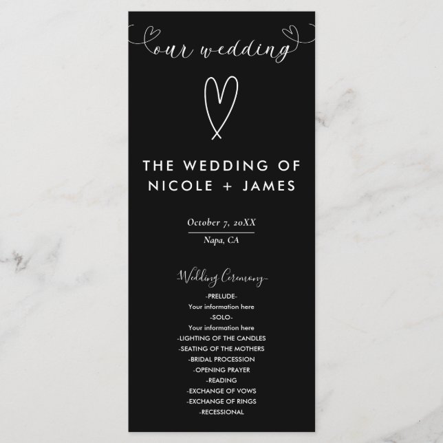 Modern Hearts Black & White Minimal Wedding Program (Front)