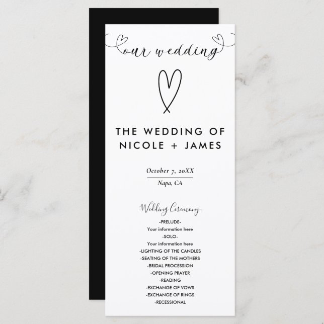 Modern Hearts Black & White Minimal Wedding Program (Front/Back)