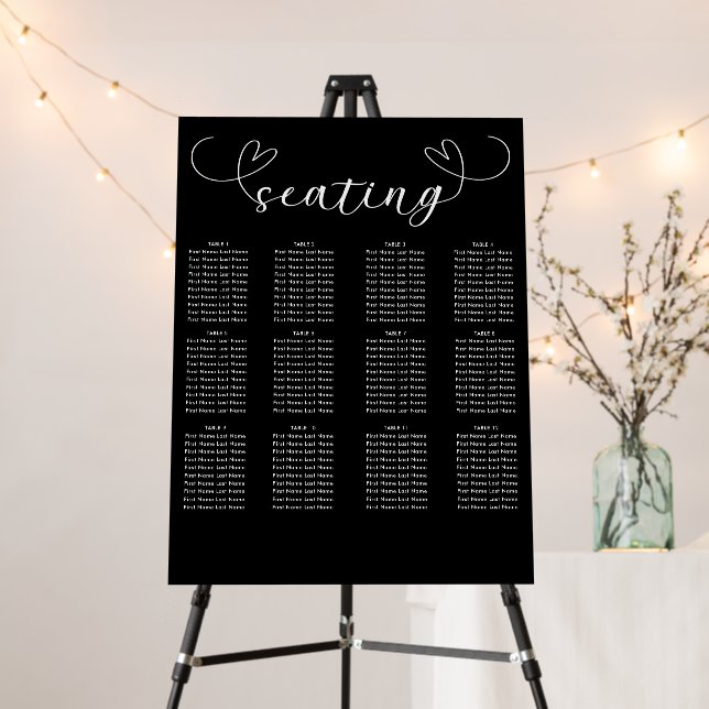Modern Hearts Black White Minimal Wedding Seating Foam Board (In Situ (Stand))