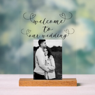 Modern Hearts Black White Minimal Wedding Welcome Acrylic Sign