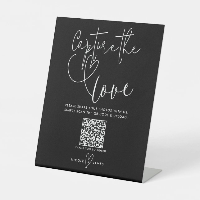 Modern Hearts Black White Wedding Capture the Love Pedestal Sign (Front)