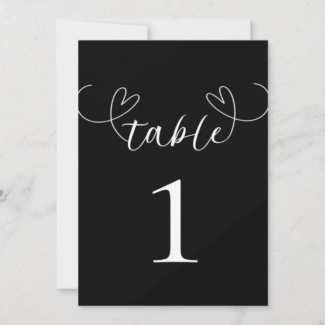Modern Hearts Black & White Wedding Table Number (Front)