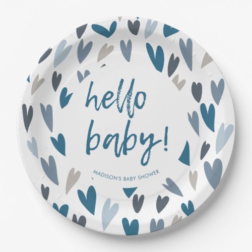 Modern Hearts Blue Boy Baby Shower Party Paper Plates