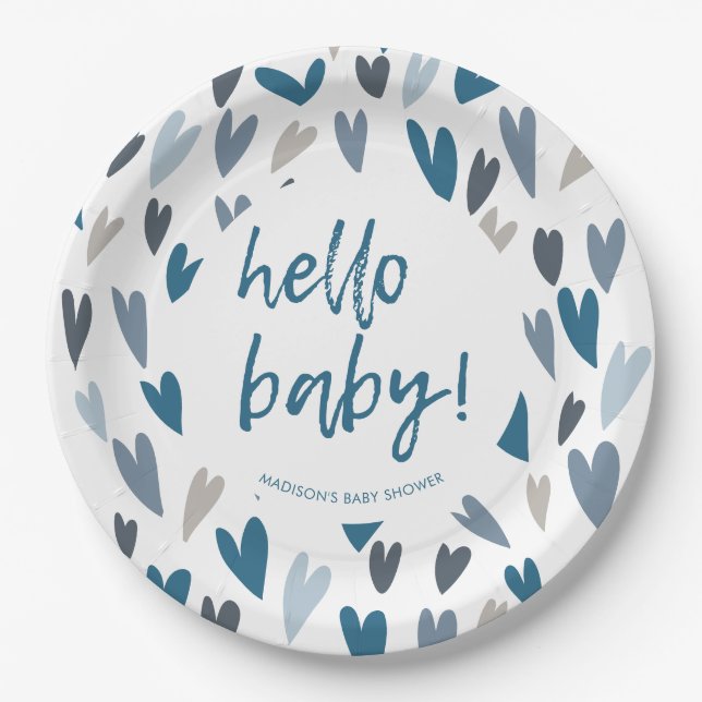 Modern Hearts Blue Boy Baby Shower Party Paper Plates (Front)