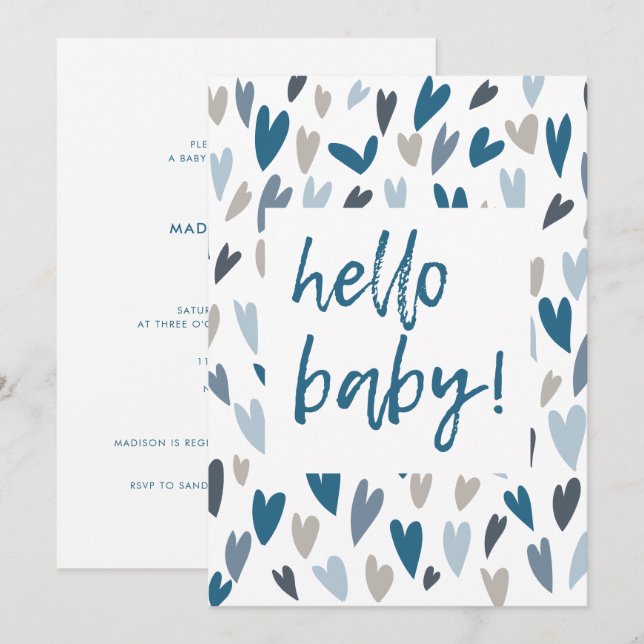 Modern Hearts Blue Boy Hello Baby Shower Invitation (Front/Back)