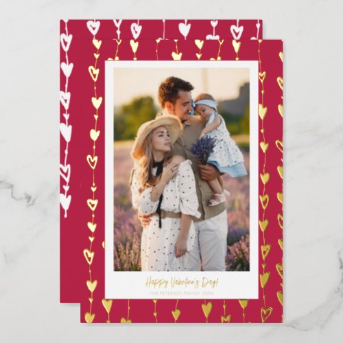 Modern hearts chain magenta photo valentine day foil holiday card