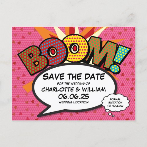 Modern Hearts Confetti Comic Wedding Save The Date Announcement Postcard