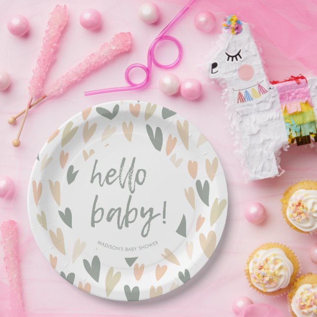 Modern Hearts Gender Neutral Baby Shower Party Paper Plates (Party)