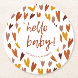 Modern Hearts Gender Neutral Baby Shower Party Round Paper Coaster<br><div class="desc">Complete the decor for your baby shower with these cute coasters, featuring a cute hearts pattern in a gender neutral color palette of warm red, terracotta and mustard. "Hello Baby!" in a cute calligraphy script and personalize the text line with your own information. All colors of these baby shower paper...</div>