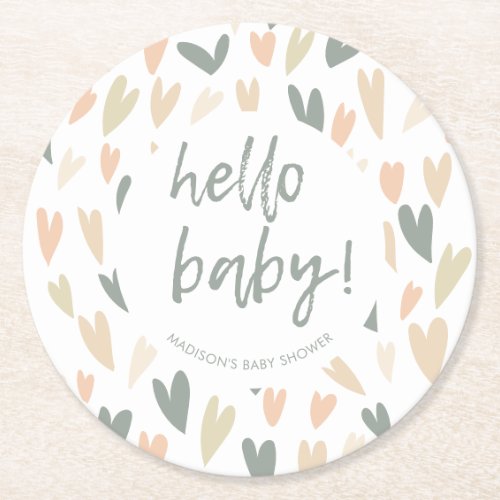 Modern Hearts Gender Neutral Baby Shower Party Round Paper Coaster