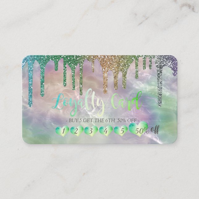 Modern Hearts Glitter Drips Holographic Pearl Loyalty Card (Front)