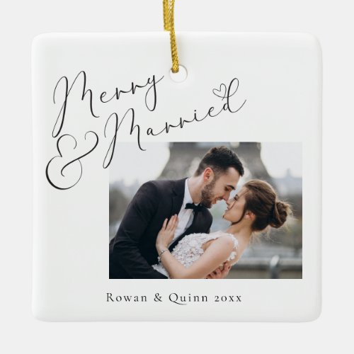 Modern Hearts  Merry and Married Photo Ceramic Ornament
