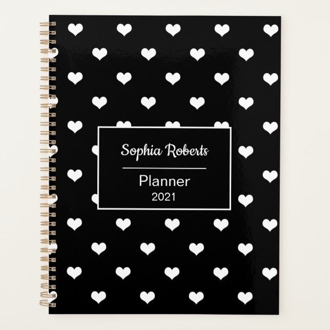 Modern hearts pattern black personalized planner (Front)
