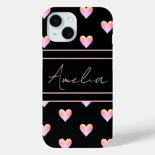 Modern Hearts Pattern Black Pink Personalized iPhone 15 Case