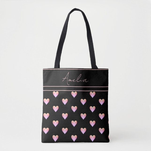 Modern Hearts Pattern Black Pink Personalized Tote Bag (Front)