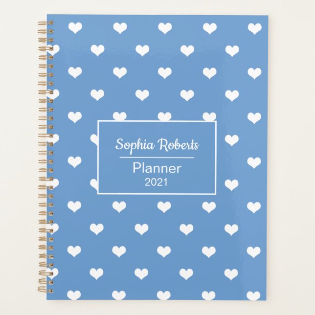 Modern hearts pattern blue personalized planner (Front)