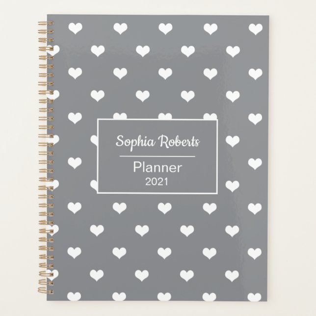 Modern hearts pattern grey personalized planner (Front)