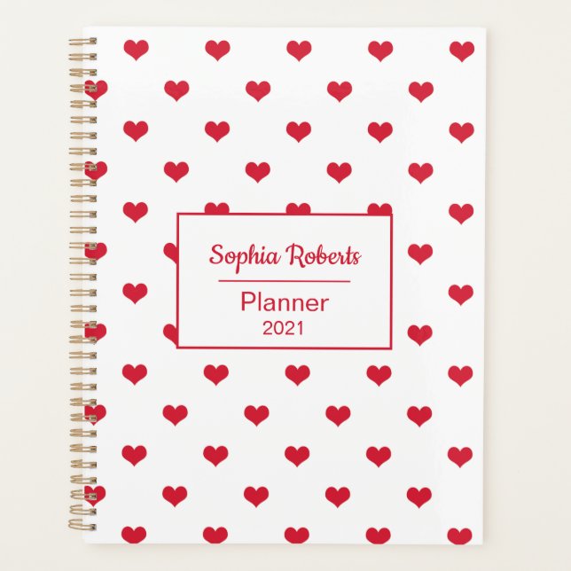 Modern hearts pattern red & white personalized planner (Front)