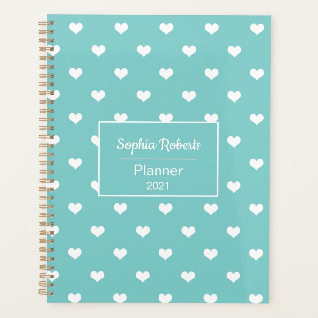 Modern hearts pattern turquoise personalized planner (Front)