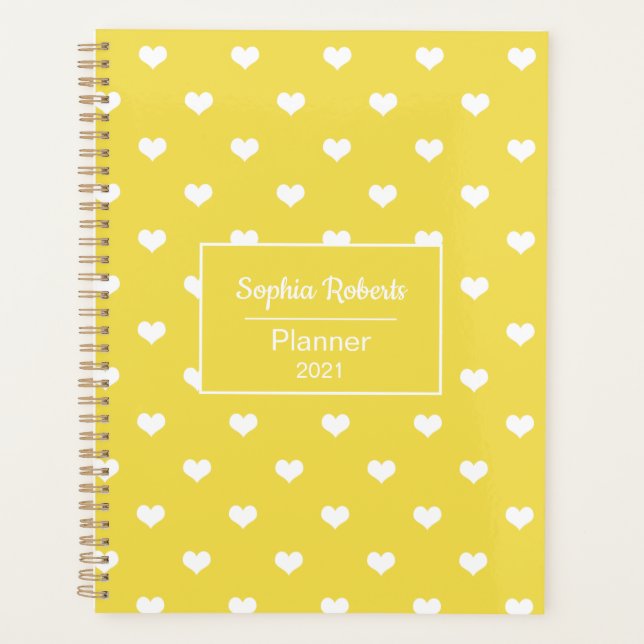 Modern hearts pattern yellow & white personalized planner (Front)