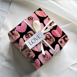 Modern Hearts & Photo Pink & Black Bestie Wrapping Paper Sheets