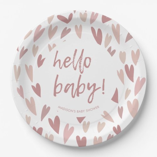 Modern Hearts Pink Girl Baby Shower Party Paper Plates