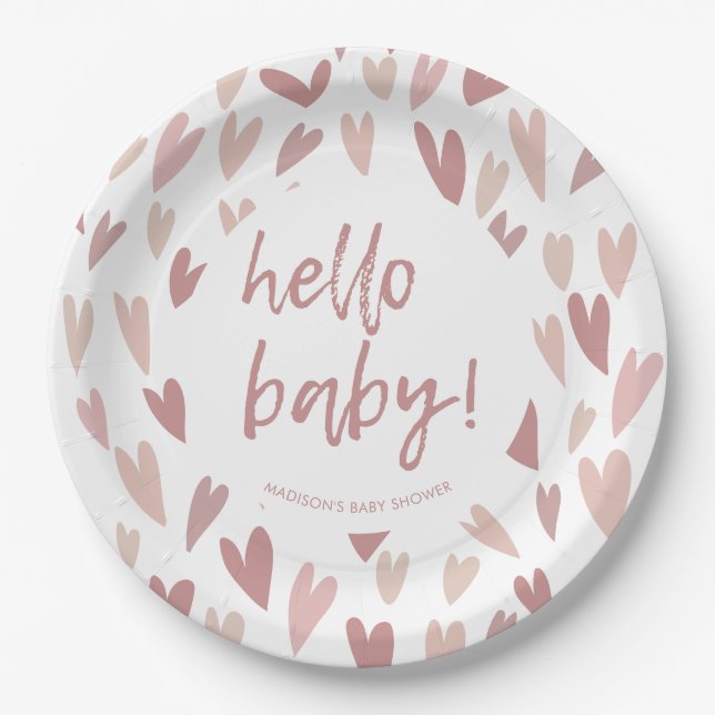 Modern Hearts Pink Girl Baby Shower Party Paper Plates (Front)