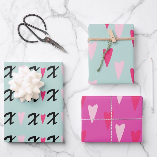 Modern Hearts Pink X's and Hearts Pattern  Wrapping Paper Sheets (Front)