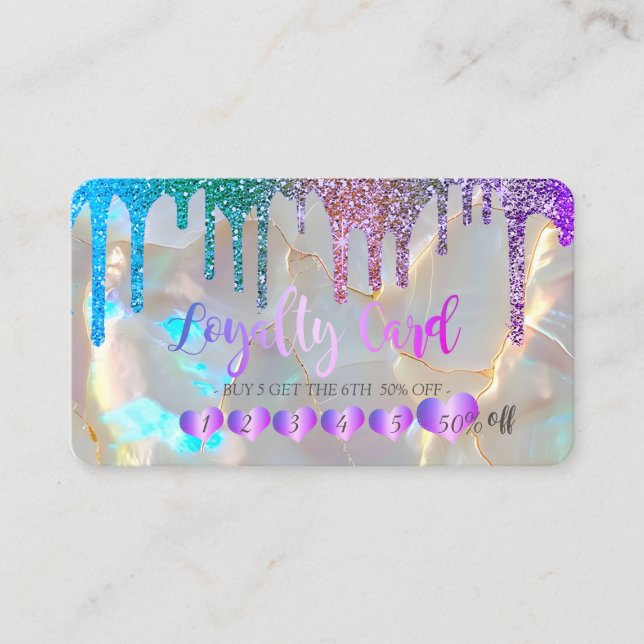 Modern Hearts Rainbow Glitter Drips Opal Stone Loyalty Card (Front)