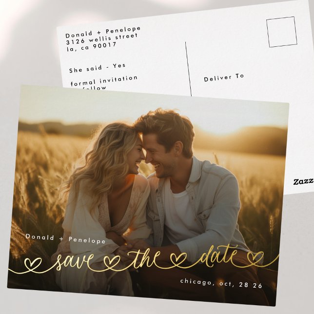 Modern Hearts Save The Date Photo Wedding Website Foil Invitation Postcard (Creator Uploaded)