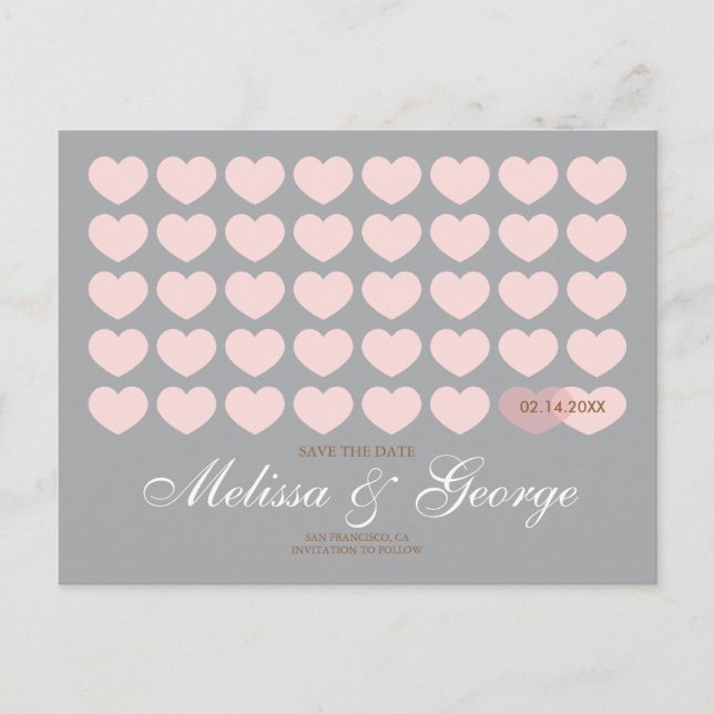 Modern Hearts Save the Date: Silver Announcement Postcard (Front)