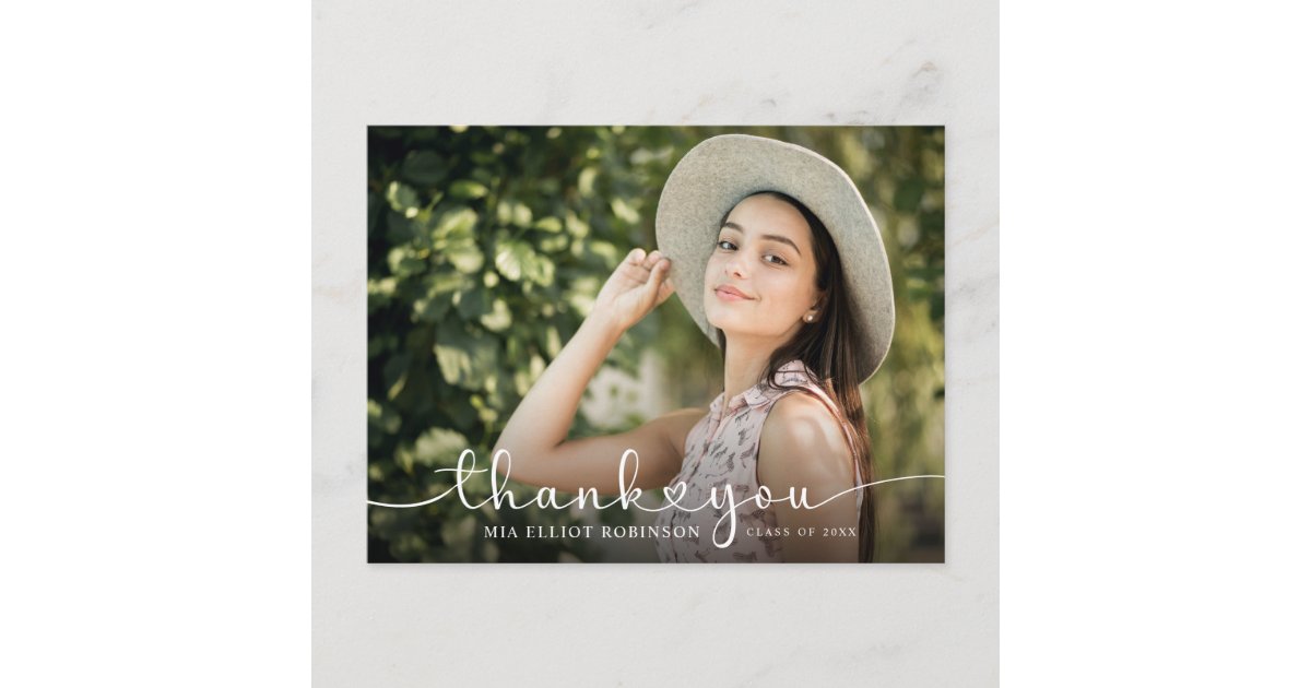 Modern Hearts Script Graduation Photo Thank you Postcard | Zazzle