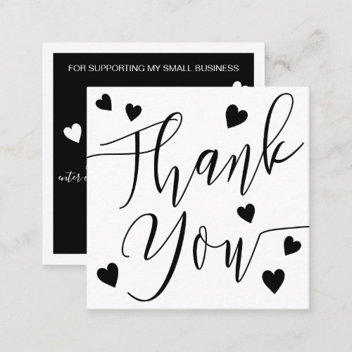 Modern hearts thank you script order black white square business card