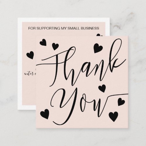 Modern hearts thank you script order blush pink square business card