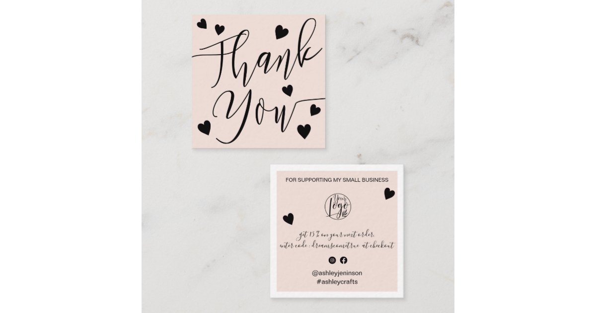 Modern hearts thank you script order blush pink square business card ...