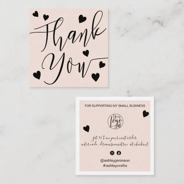 Modern hearts thank you script order blush pink square business card ...