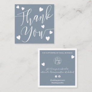 Modern hearts thank you script order dusty blue square business card